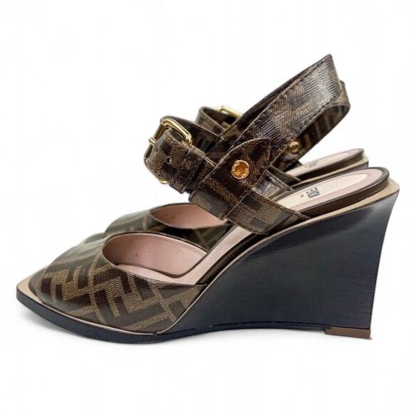 FENDI Tobacco Brown FF Zucca Logo Coated Canvas Wedge Sandals Size EU38.5 - Picture 6 of 14